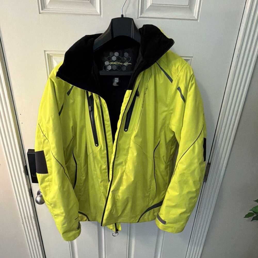 Obermeyer Cobra Jacket Men's XL Large Neon Yellow Hooded Ski Snowboard RECCO Tec